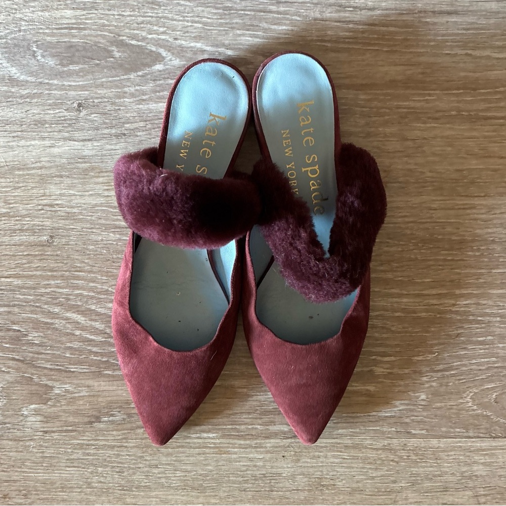 kate spade Burgundy Pointed-Toe Faux Suede Mule with Faux Fur Strap